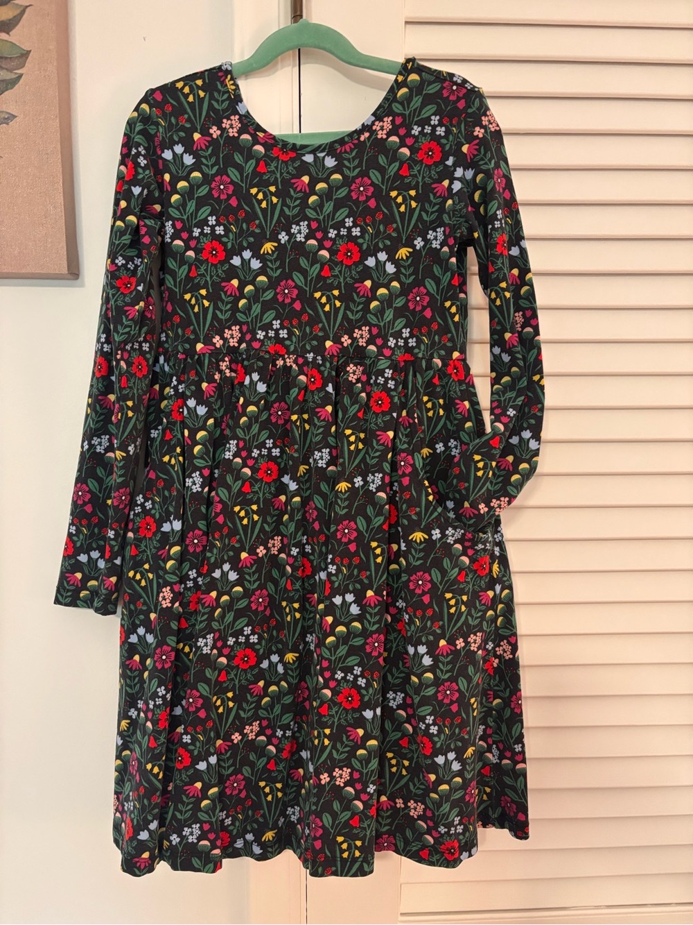 Hanna Andersson Black Floral Long-Sleeve Cotton Dress with Pockets EUC